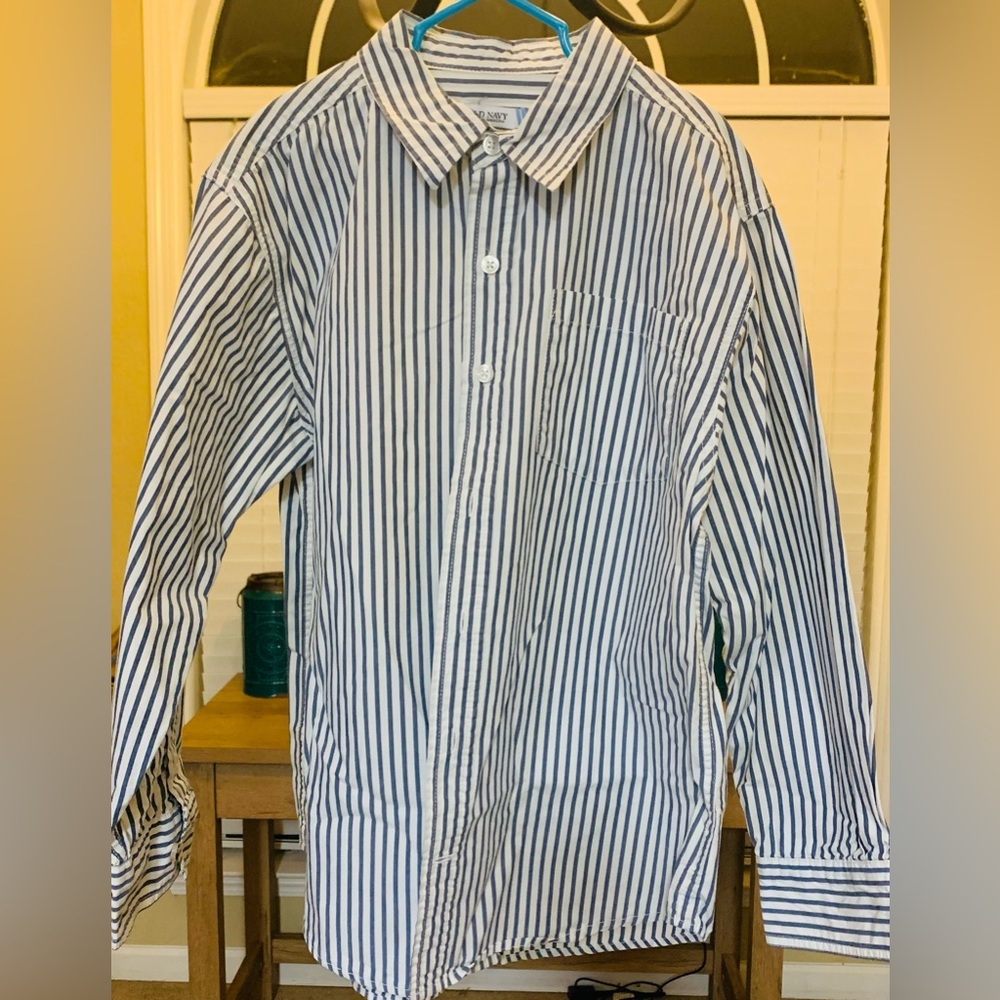 Old Navy Boys blue and white striped button up shirt.